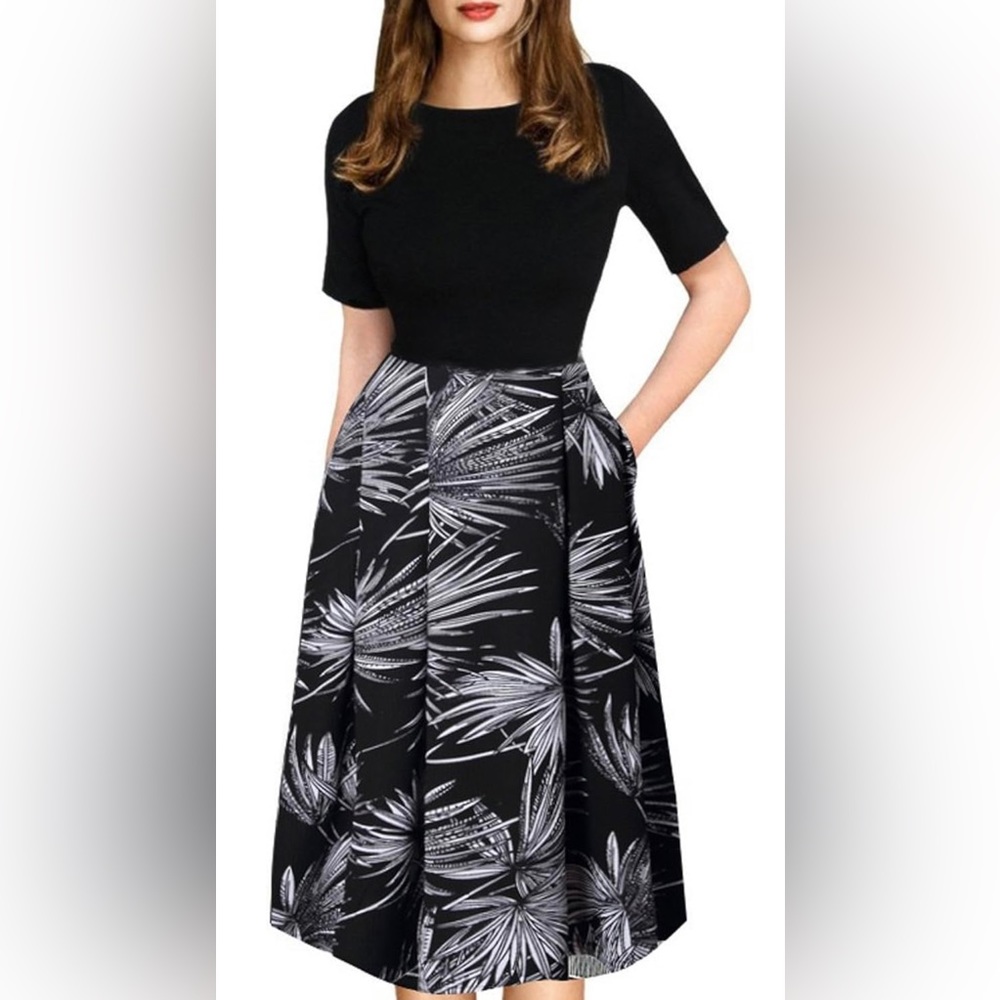 Caracilia women’s dress, A-line, swing style with pockets, black and white, L